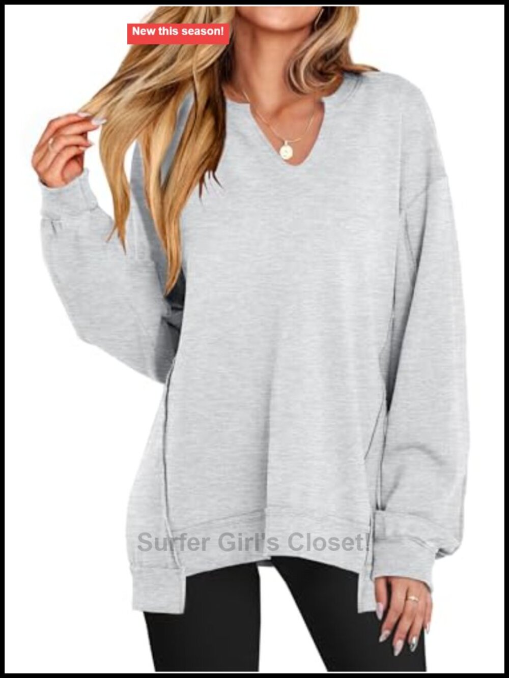 Oversized V-Neck Sweatshirt Patchwork High-Low Hem Pullover